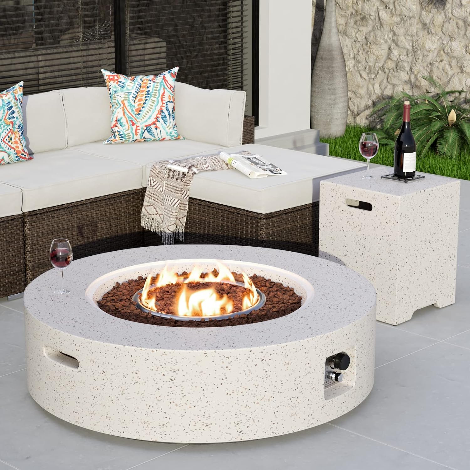 COSIEST 2-Piece Outdoor Propane Firepit Table Set w Tank Table, Certified, 40.5-inch Fire Table (50,000 BTU) w 16 inches Tank Cover Side Table 20lb for Garden,Pool,Backyard