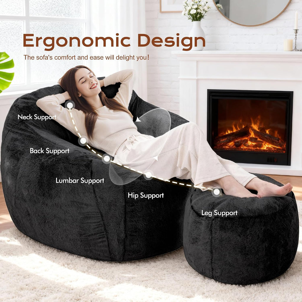 Giant Bean Bag Chair for Adults, Large Memory Foam BeanBag Chairs, Oversized Bean Bag Sofa with Filler, Faux Fur Big Reading Chair Comfy Floor Sofa Chair (Black, Single with Ottoman)