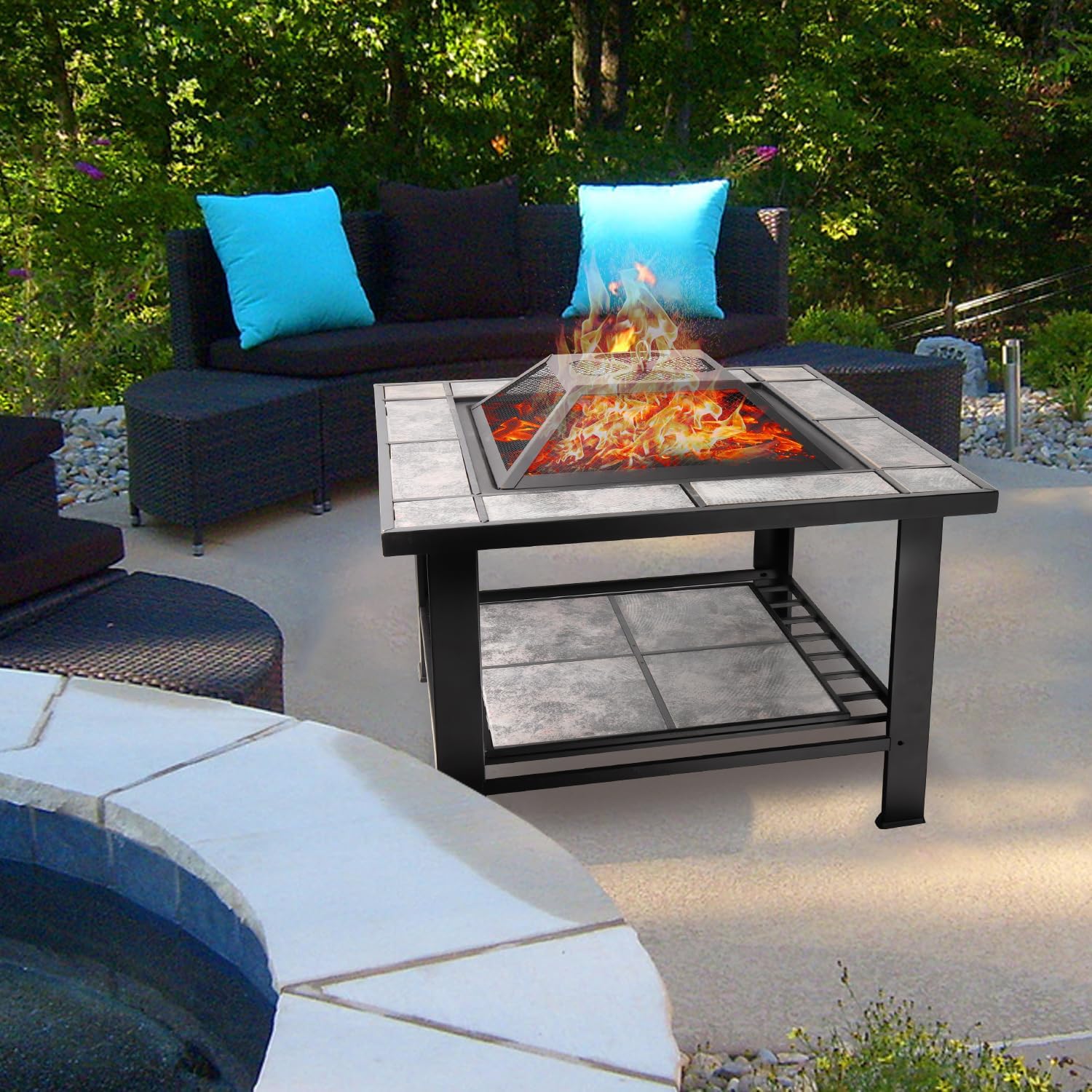 30-Inch Square Fire Pit Table, Wood Burning Fireplace/Firepit with Marble Tile Tabletop, Mesh Lid, Fire Grate, Poker and Nylon Cover