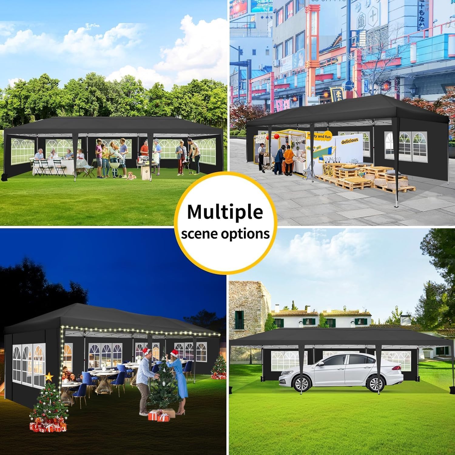 COBIZI Canopy 10x30 Pop Up Canopy Tent with 8 Sidewalls Party Tents for Parties Wedding Backyard Waterproof Outdoor Commercial Event Tent with Stakes, Ropes, Sandbags, Black