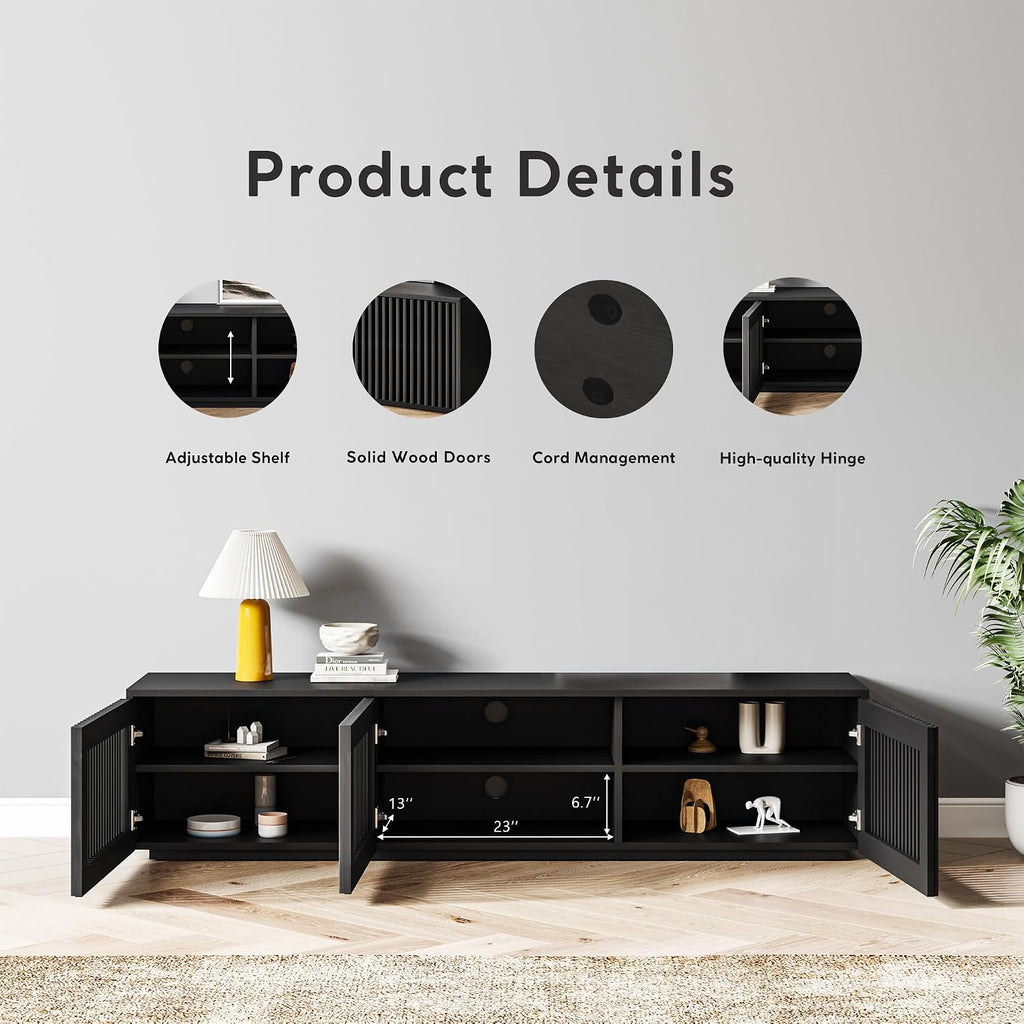 POVISON Full Assembled Mid Century Modern TV Stand, Black Entertainment Center for 65 inch TV, Wood Slatted Media Console with Storage, Low TV Cabinets for Living Room Bedroom, Oak Veneer