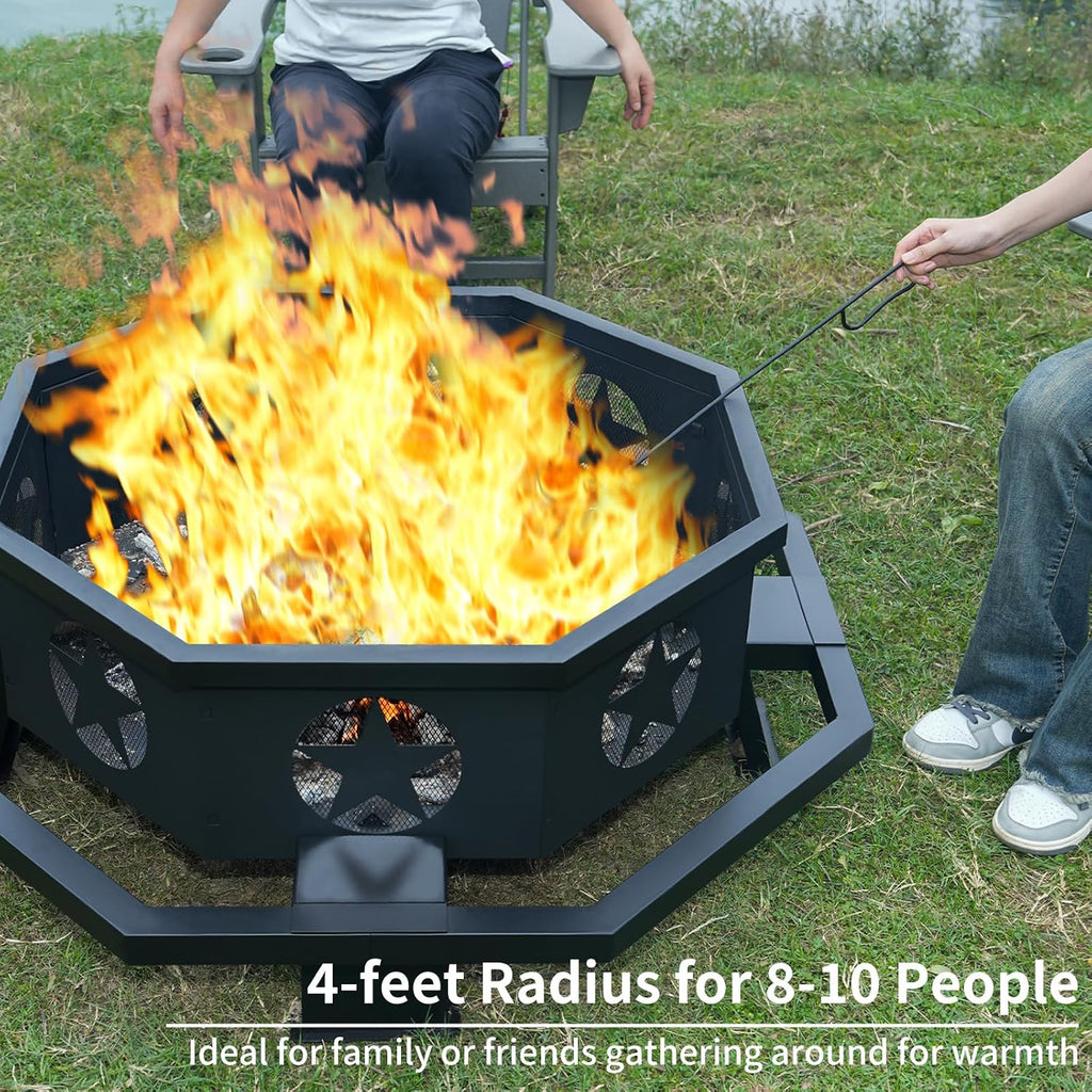 45 inch Large Fire Pit, Outdoor Fire Pit with Heavy Duty Construction, Wood Burning Fire Pits for Outside Octagonal Firepit for Camping, Backyard, Patio, Black