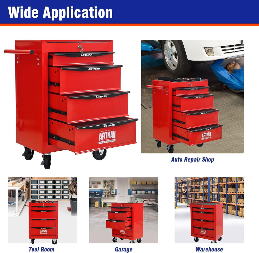 4 Drawers Tool Cart on Wheels, Multifunctional Rolling Tool Chest, Drawers Mobile Trolley Organizer Heavy Duty Tools Box with Locking Wheels & Ball Bearing Drawers (Red, 4 Drawers)