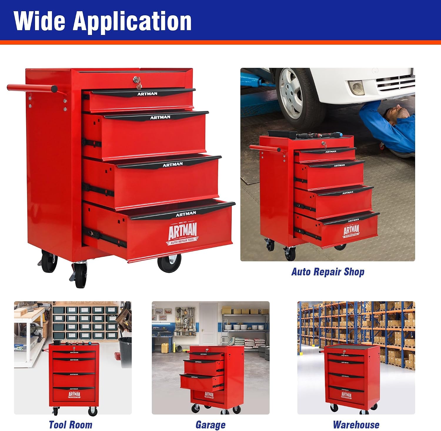 4 Drawers Tool Cart on Wheels, Multifunctional Rolling Tool Chest, Drawers Mobile Trolley Organizer Heavy Duty Tools Box with Locking Wheels & Ball Bearing Drawers (Red, 4 Drawers)