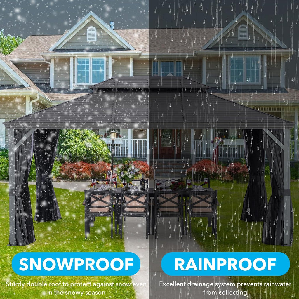 LeDoasis Nova 12' X 16' Hardtop Gazebo with Breathable Netting & Privacy Curtain, Permanent Hard top Metal Canopy Gazebo with Galvanized Steel Double Roof, for Patio Lawn and Garden