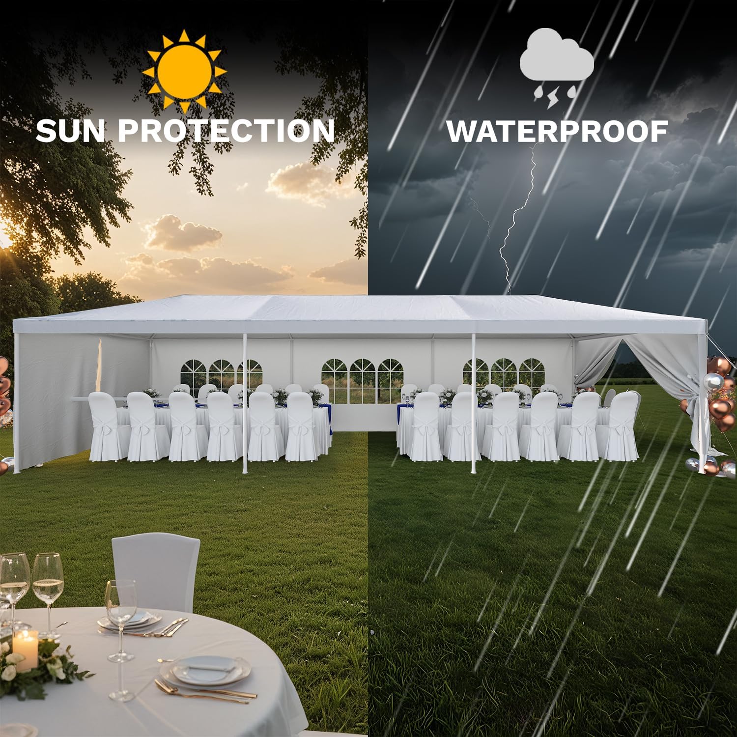 Devoko 10'x30' Heavy Duty Outdoor Canopy Tent, Waterproof Wedding Party and Events Tent with UV Protection & Sidewalls, Wind Resistant Portable Gazebo for Backyard, Patio, White