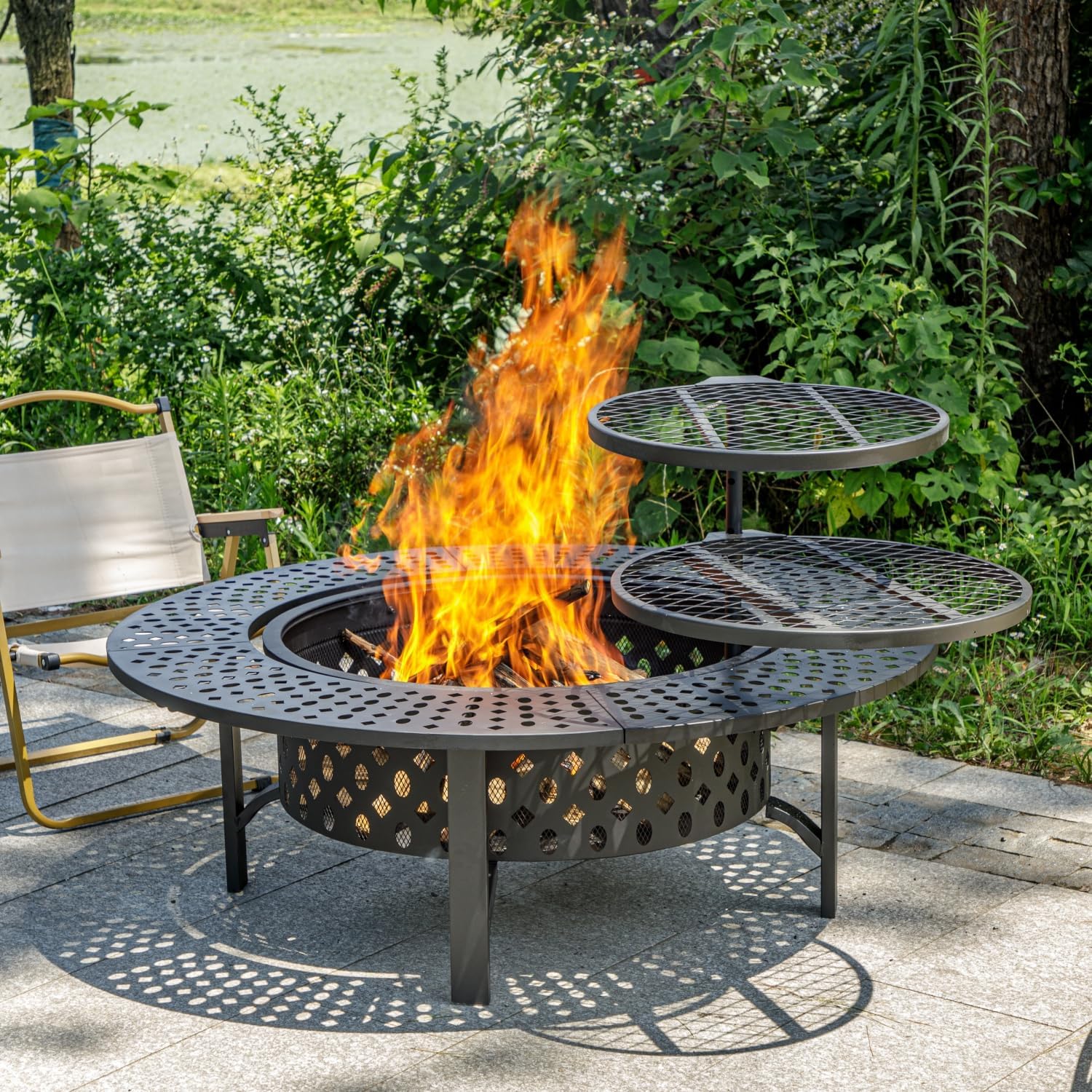 OutVue 47 Inch Fire Pit with 2 Grills, Wood Burning Fire Pits for Outside with Lid & Poker, BBQ& Outdoor Firepit & Round Metal Table 3 in 1 for Patio, Picnic, Party