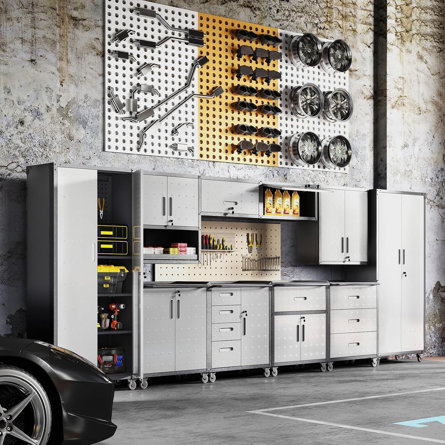 Metal Garage Cabinet on Wheels, Heavy Duty Steel Rolling Tool Cabinets with Drawers, Mobile Tool Cart Garage Storage Cabinets for Warehouse Basement, Assembly Required