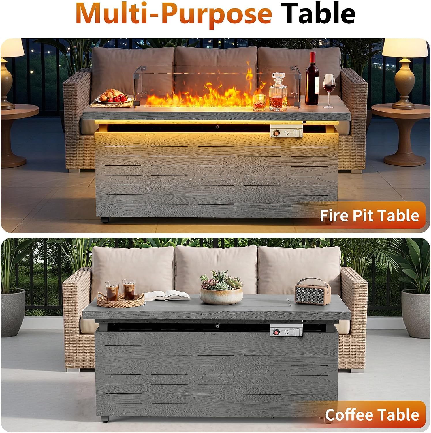51' Propane Fire Pit Table, 50,000 BTU Outdoor Gas Fire Pit with Glass Wind Guard, Side Open Tank Storage, Wood Grain Patio Heater with Lid & Cover, Blue Fire Glass, Gray