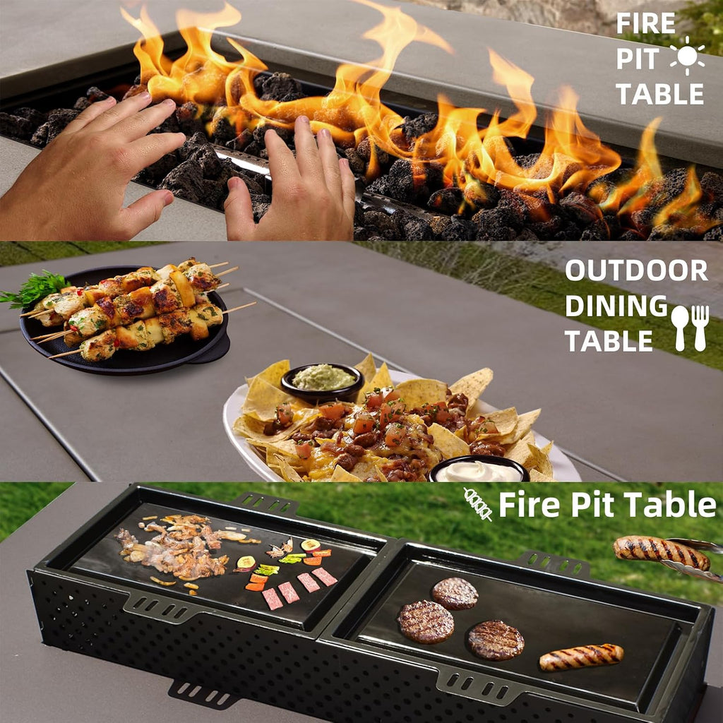 3-in-1 Propane Fire Pit Table, 42 Inch Rectangular Outdoor Fire Pit, 50,000BTU Firepit Table for Outside Patio with Tank Hidden Table, Griddle, Wind Guard, Lid, CSA Certified, Grey