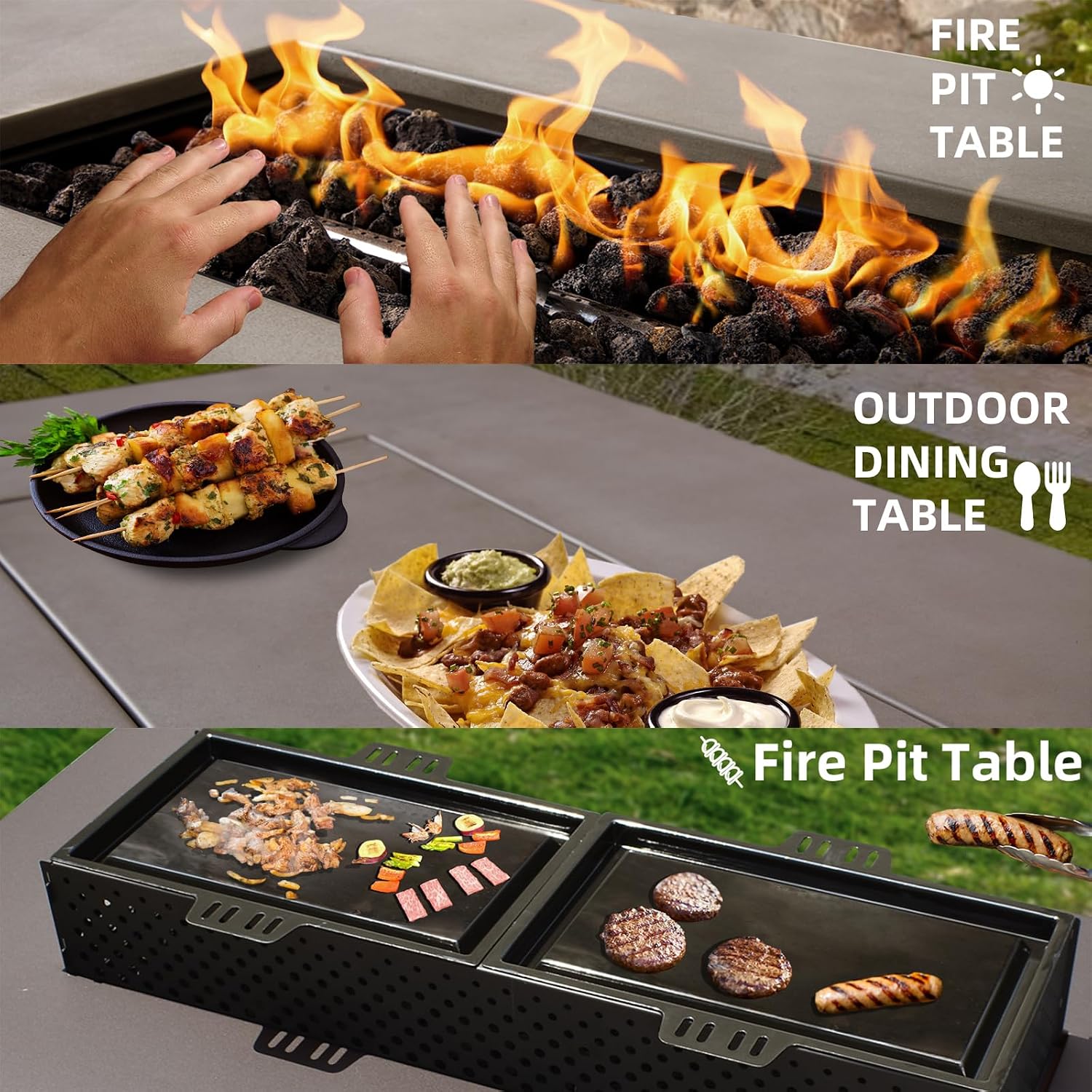 3-in-1 Propane Fire Pit Table, 42 Inch Rectangular Outdoor Fire Pit, 50,000BTU Firepit Table for Outside Patio with Tank Hidden Table, Griddle, Wind Guard, Lid, CSA Certified, Grey