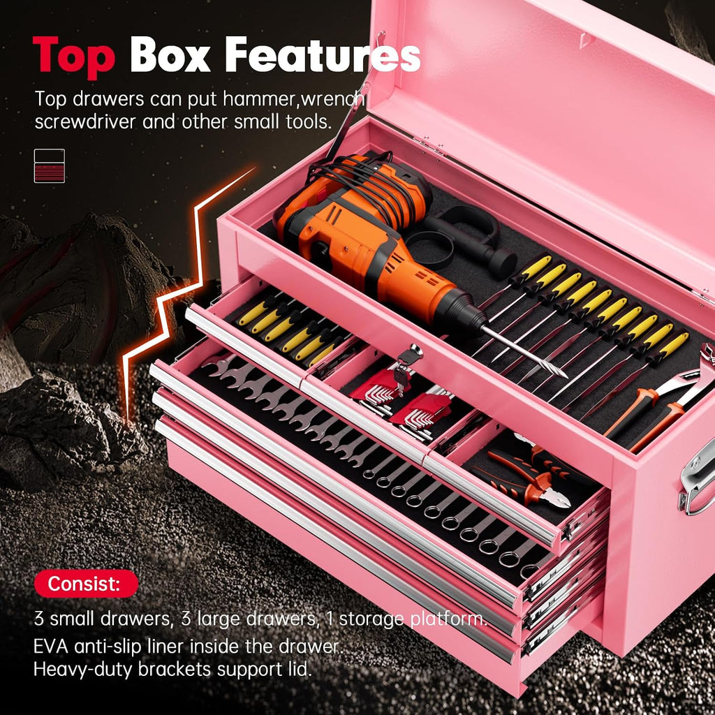 Superday Metal Tool Chest, 8 Drawer Rolling Tool Chest with Wheels, Detachable Tool Storage Cabinet with Lock for Garage, Steel Tool Cart with Liner & Hooks for Workshop, Warehouse (Pink)