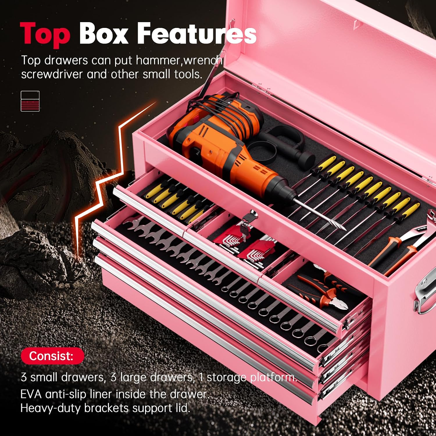Superday Metal Tool Chest, 8 Drawer Rolling Tool Chest with Wheels, Detachable Tool Storage Cabinet with Lock for Garage, Steel Tool Cart with Liner & Hooks for Workshop, Warehouse (Pink)