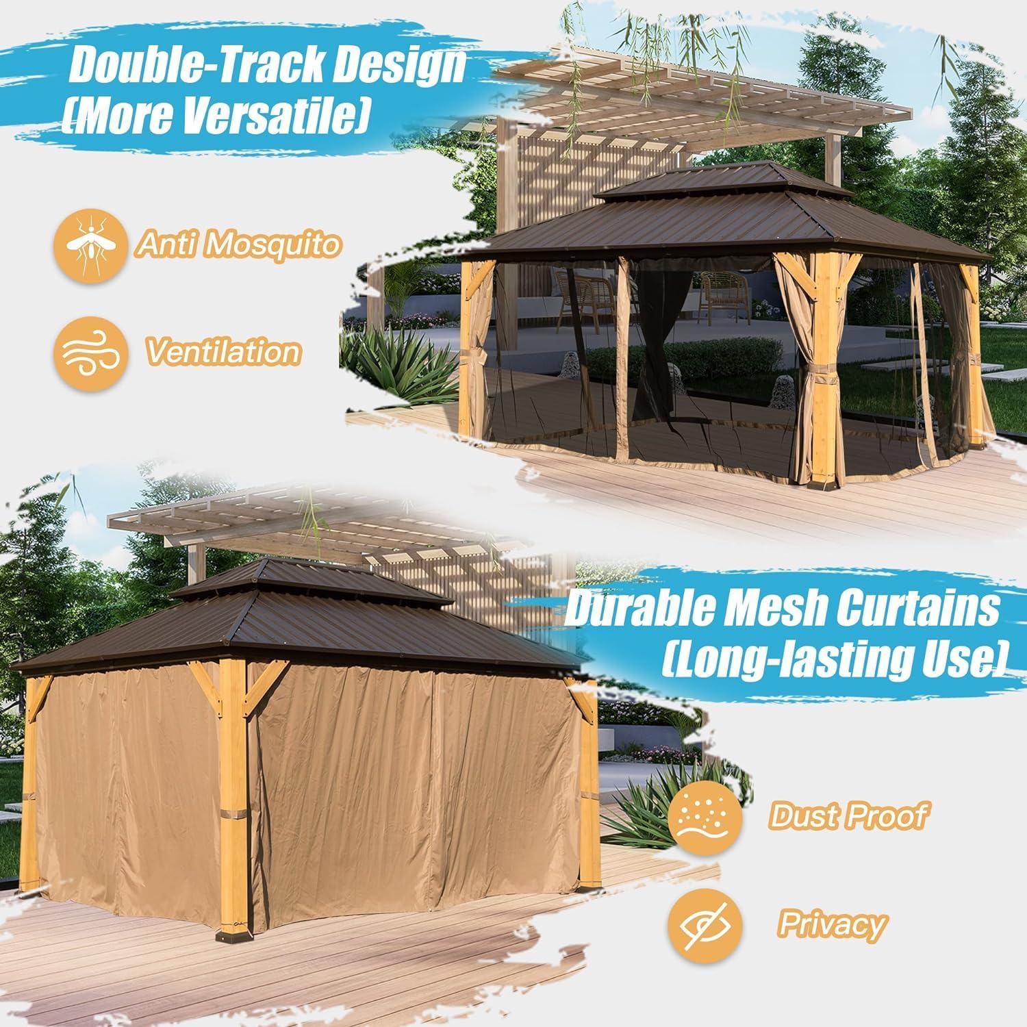 10x14FT Wood Gazebo, Solid Wood Hardtop Gazebo with Galvanized Steel Double Roof, Netting Curtains, Outdoor Gazebo for Patio, Backyard, Deck, Lawns