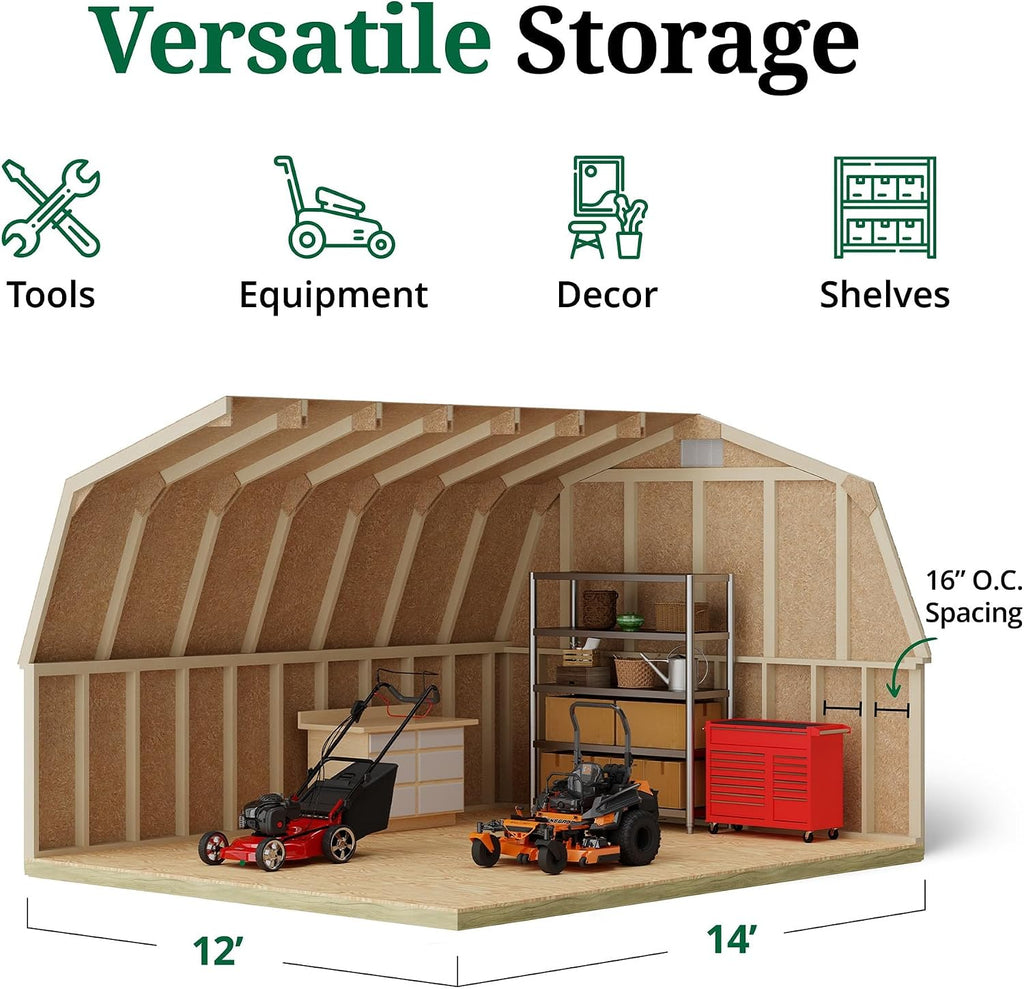 Little Cottage Co. 12x14 Classic Gambrel Barn with 4 ft. Sidewalls with Floor, Outdoor Wood Storage Shed Do-It-Yourself Precut Kit