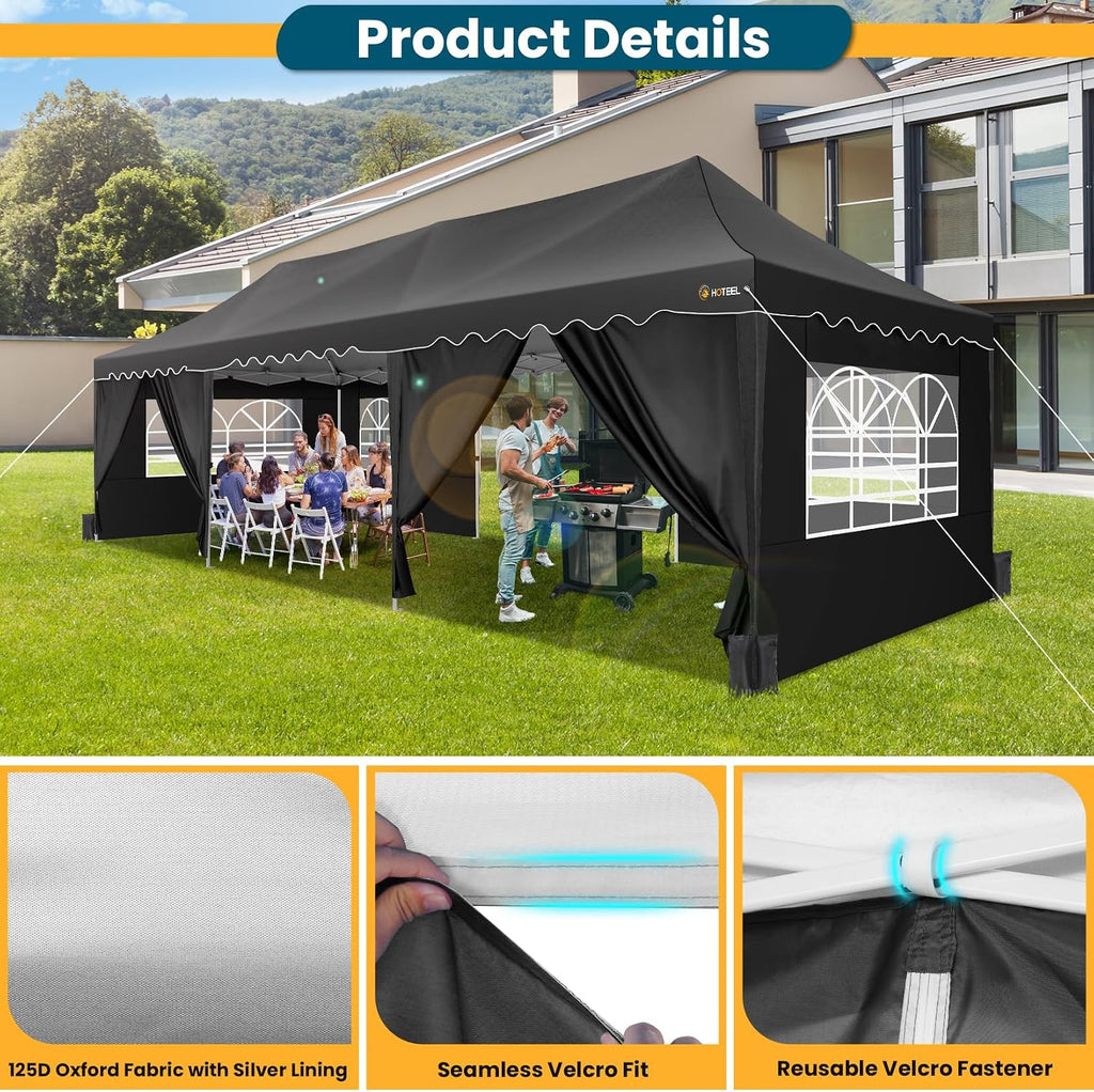 HOTEEL Party Tent 10x30 Pop Up Canopy with 8 Sidewalls, Waterproof UPF50+ for Backyard and Events, Easy Setup with Wheeled Bag & 4 Weight Bags, Extra Height, Black