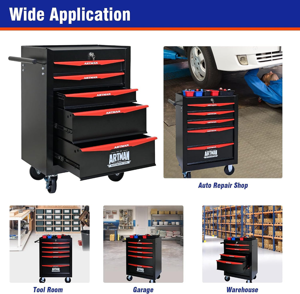 5 Drawers Tool Cart on Wheels, Multifunctional Rolling Tool Chest, Drawers Mobile Trolley Organizer Heavy Duty Tools Box with Locking Wheels & Ball Bearing Drawers (Black, 5 Drawers)