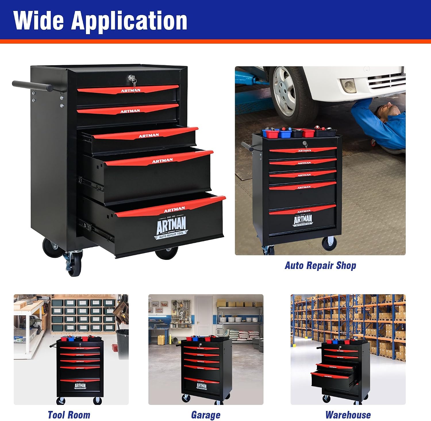 5 Drawers Tool Cart on Wheels, Multifunctional Rolling Tool Chest, Drawers Mobile Trolley Organizer Heavy Duty Tools Box with Locking Wheels & Ball Bearing Drawers (Black, 5 Drawers)
