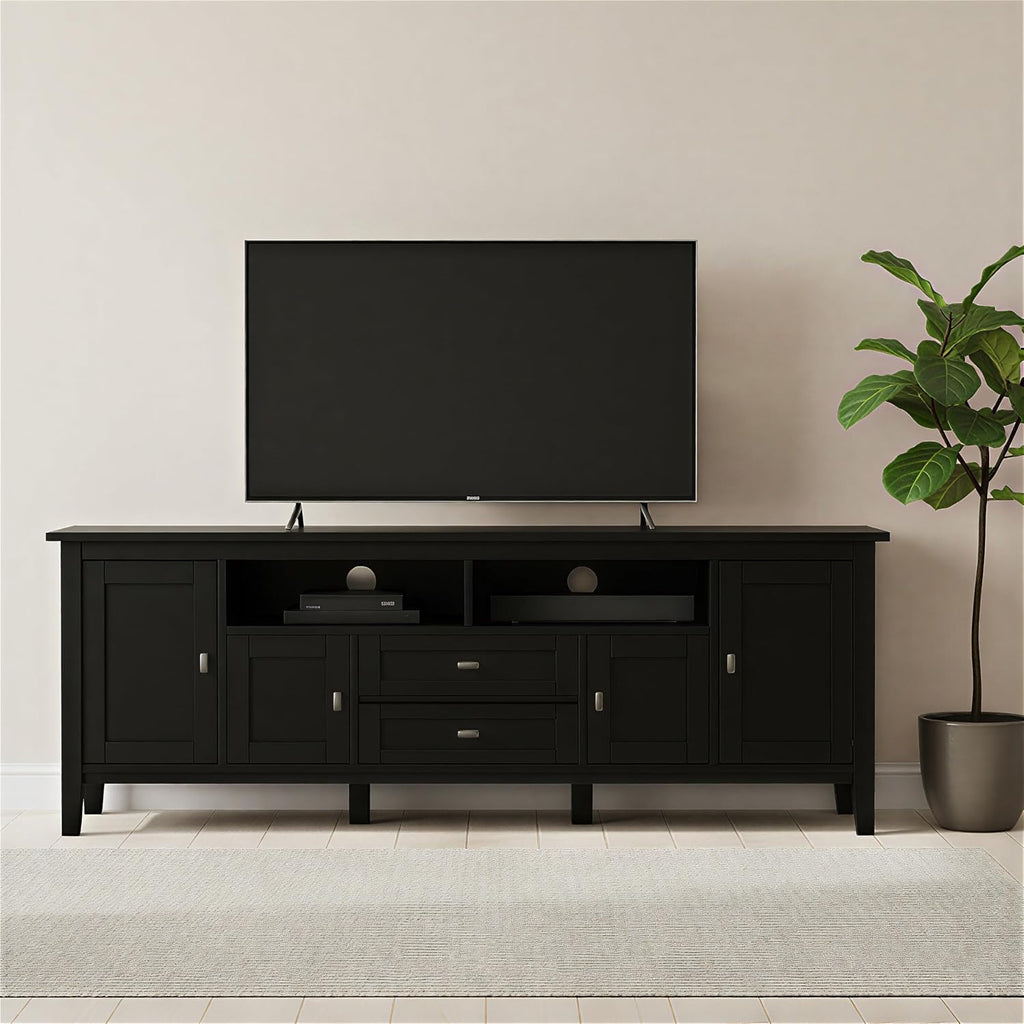 SIMPLIHOME Warm Shaker TV Stand - 72 inch Wide Solid Wood Media Console in Black, Transitional Entertainment Center for Living Room for TVs up to 80 Inches with Cabinets and Cable Management