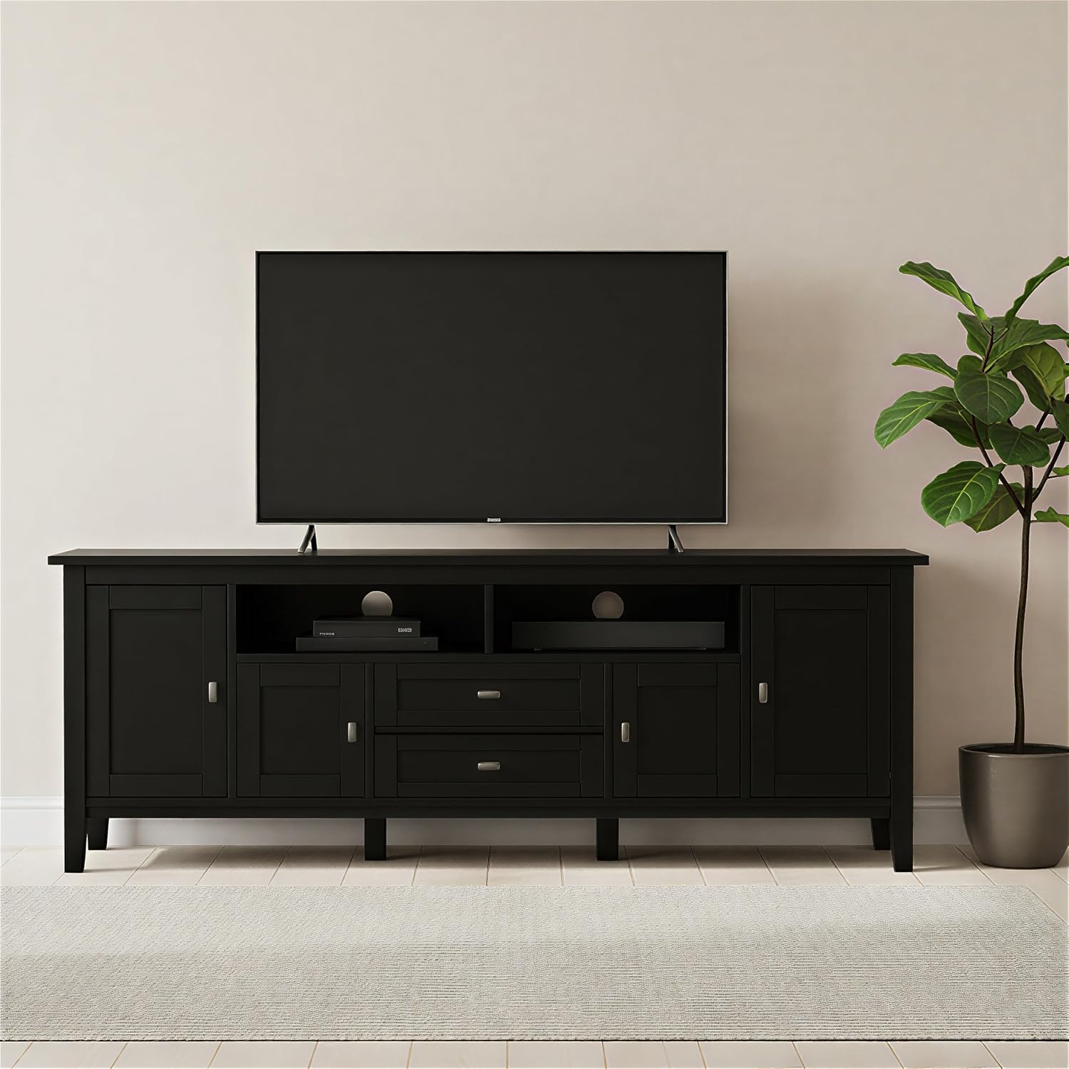 SIMPLIHOME Warm Shaker TV Stand - 72 inch Wide Solid Wood Media Console in Black, Transitional Entertainment Center for Living Room for TVs up to 80 Inches with Cabinets and Cable Management