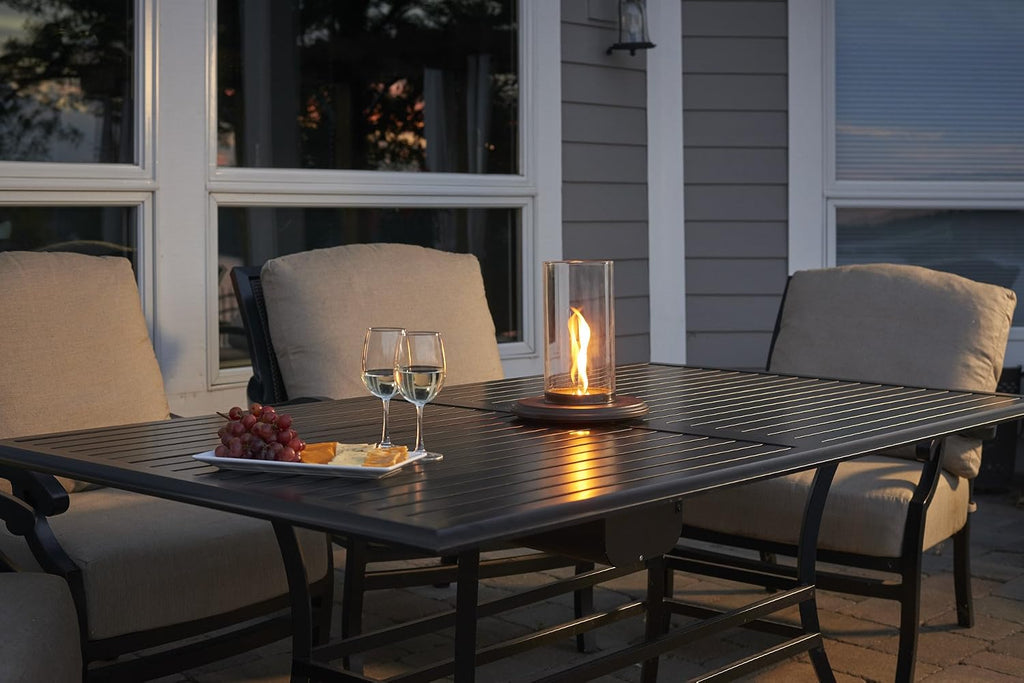 Outdoor GreatRoom Co Tabletop Fire Pit - Glass Lantern for Outside Patio Table with Umbrella Hole - Table Top Firepit Works with 1-Pound Propane Gas Tank for Up to 6 Hours (2,400 BTU)