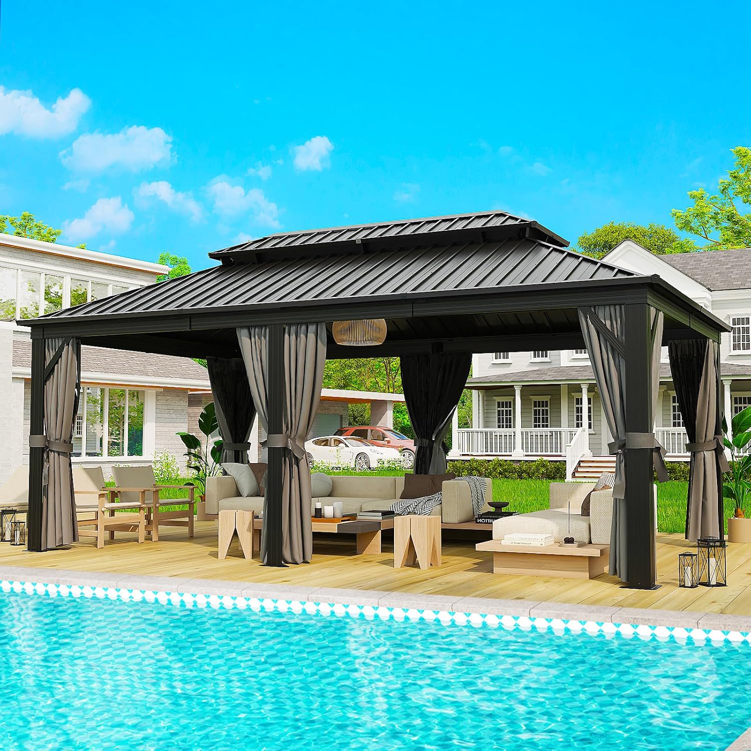 Hardtop 12 X 20FT, Galvanized Steel Dual-Layer Top, Aluminum Metal Gazebo with Netting and Curtains, Permanent Gazebo Pavilion for Party