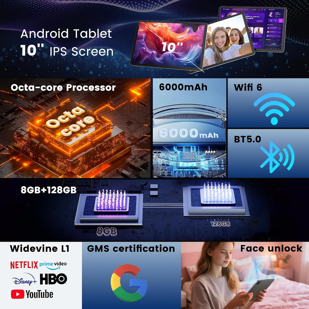 Android Tablet 10 Inch, Octa-Core, Android Tablet with 8GB+128GB+1TB Expand, WiFi 6, Mini Tablets with 1280 x 800 IPS Touchscreen, 6000mAh, Support Face Unlock, Parent Control, Widevine L1 & GMS