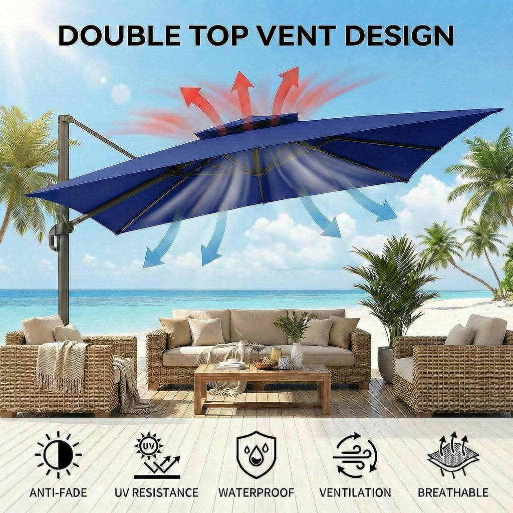 Hoteel 10ft Patio Umbrella Heavy Duty Aluminum Windproof & Shade Provision Outdoor Cantilever Double Top Offset Large Umbrella with 360°Rotation for Patio Pool Deck Gazebo, Dark Blue