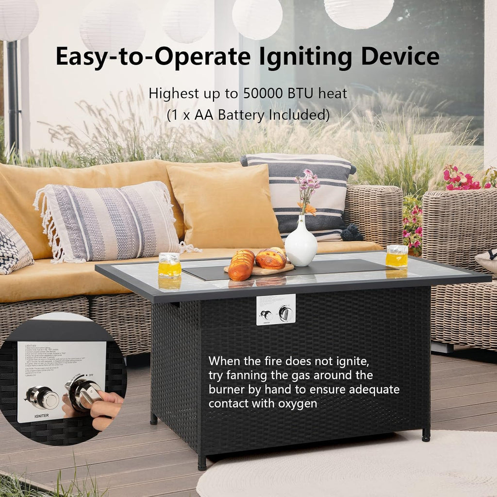 COSTWAY 52' Patio Propane Fire Pit Table, 50,000 BTU Outdoor Fire Table, Electric Pulse Ignition, Marble Tabletop & Weatherproof Rattan, Protective Cover Included, Perfect for Backyard, Poolside