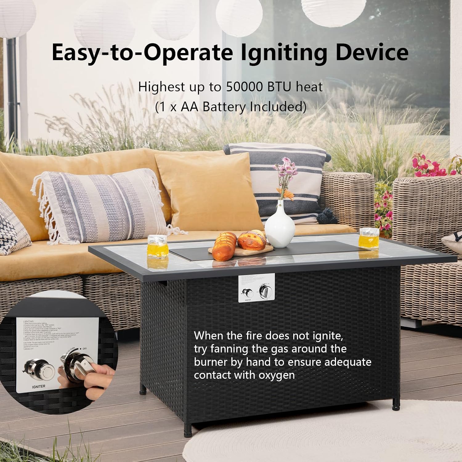 COSTWAY 52' Patio Propane Fire Pit Table, 50,000 BTU Outdoor Fire Table, Electric Pulse Ignition, Marble Tabletop & Weatherproof Rattan, Protective Cover Included, Perfect for Backyard, Poolside