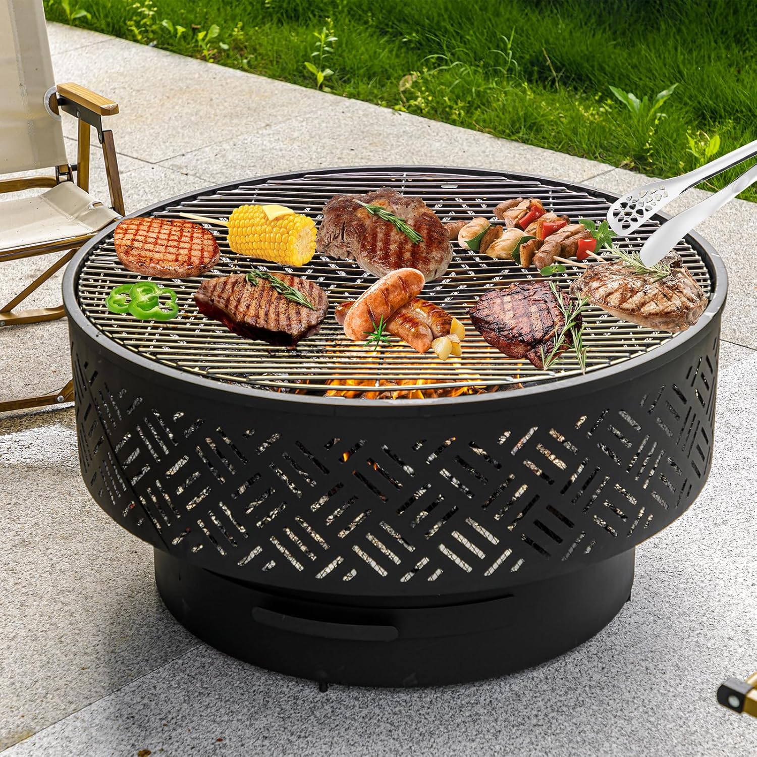 OutVue 32' Wood Burning Fire Pits with Grill & Lid, Fire Pit Table for Outside with Waterproof Cover & Fire Poker, Outdoor Firepit with Functions for BBQ,Table and Bonfire