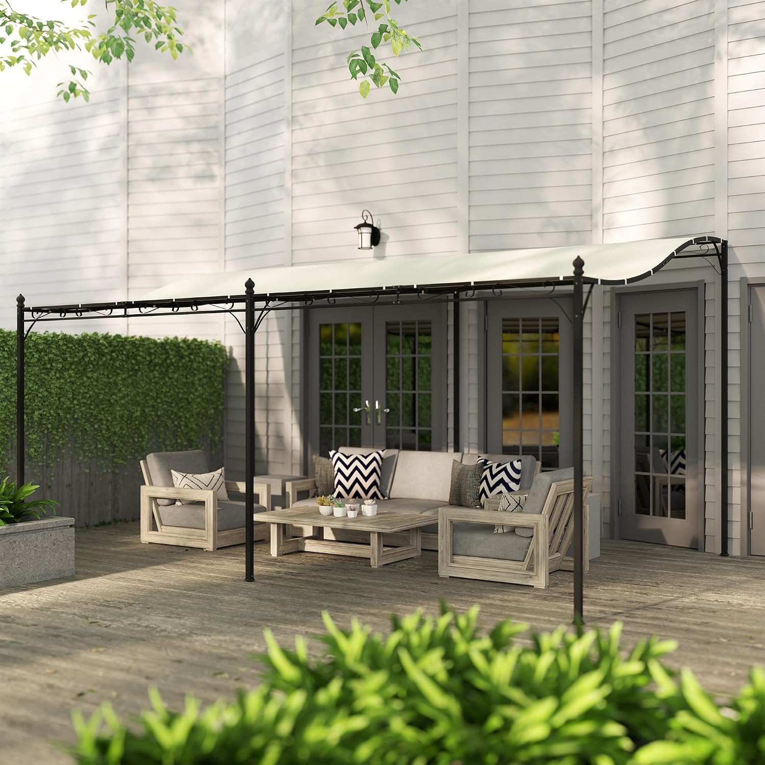 Outsunny 10' x 16' Outdoor Pergola Canopy, Wall-Mounted Metal Patio Canopy with Weather-Resistant Fabric and Drainage Holes for Backyard Garden Porch Beach, Cream White