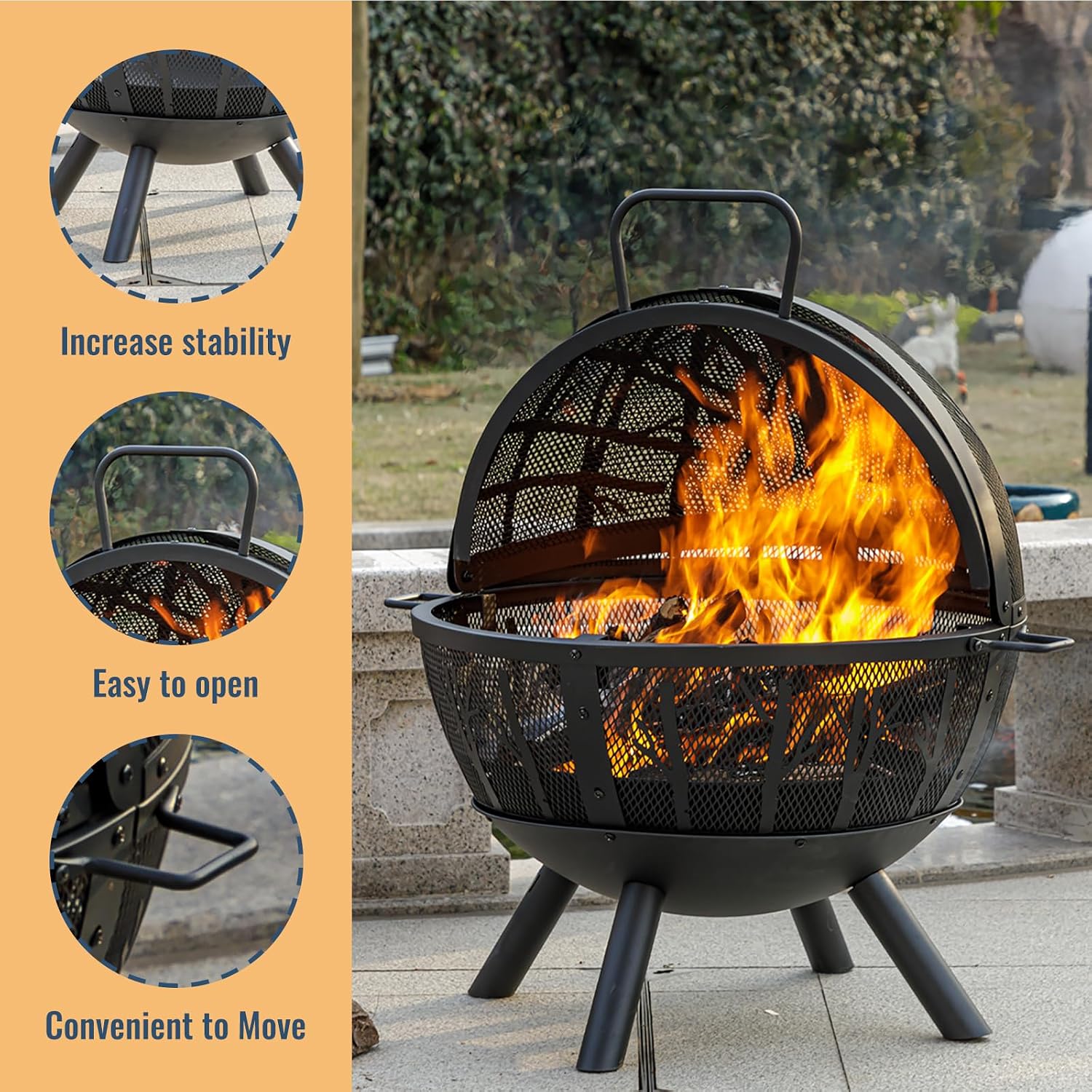 Panovue 35 Inch Wood Burning Fire Pit with BBQ Grill, Heavy Duty Fire Pits Ball for Outside with Spark Screen & Removable Ash Pan, Outdoor firepit & Fireplace for Bonfire in Garden, Yard