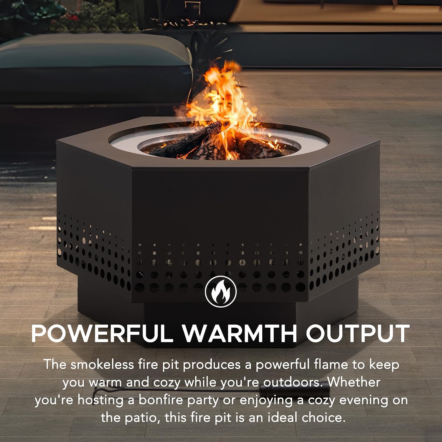 SUNJOY Smokeless Fire Pit 28-Inch Hexagonal Firepit for Outdoor, Stainless Steel Wood Burning Fireplace with Removable Ash Pan, PVC Cover and Fire Poker, Ideal for Camping, Bonfire, Backyard, Black