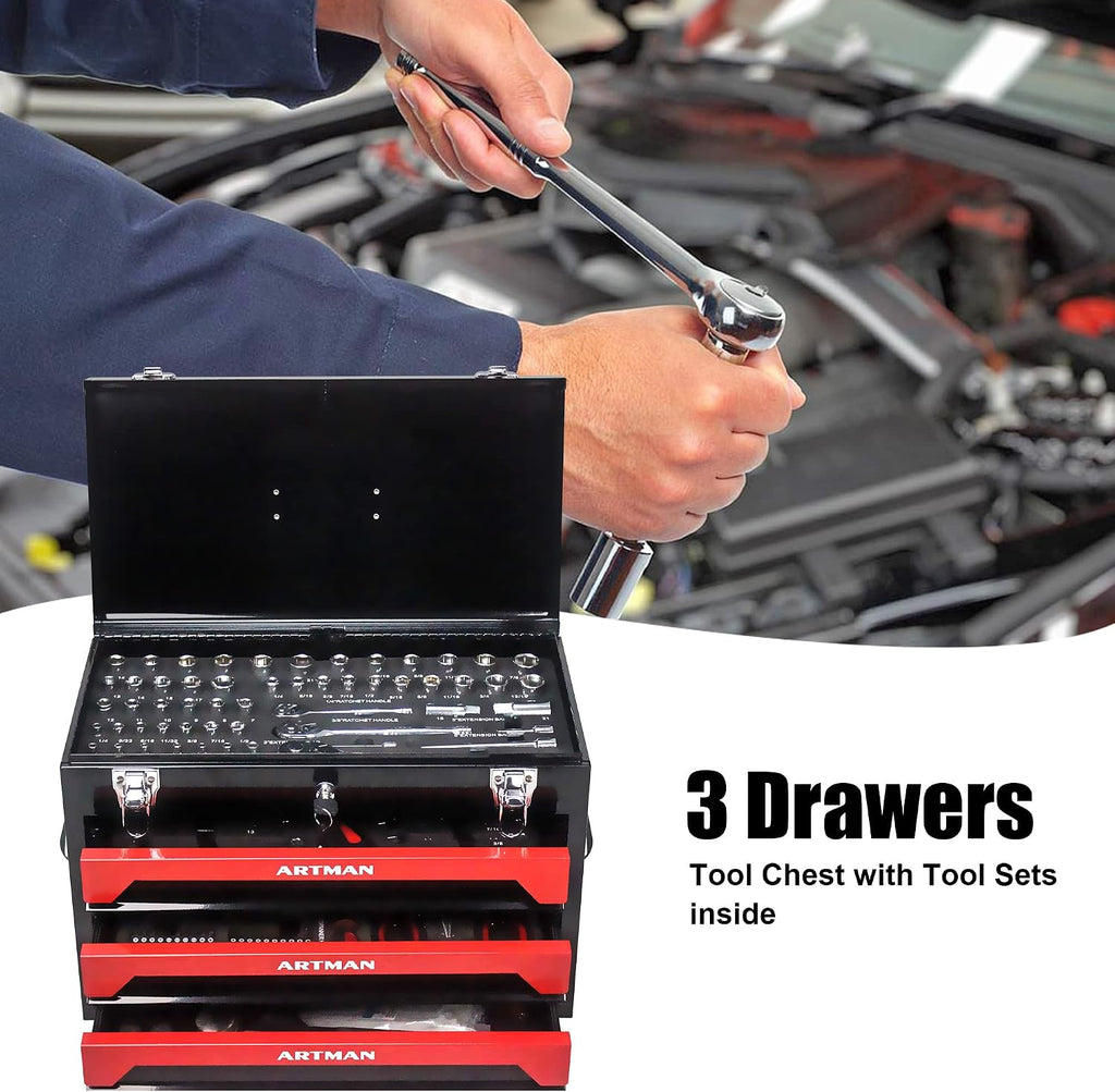 20' Portable 3 Drawer Steel Toolbox,Built in Tool Set,4 Layers of Tools with Metal Latches, with Top Storage Tray and carrying Handle, Multi-Function Tool Storage for Garage, Home,or Workbench