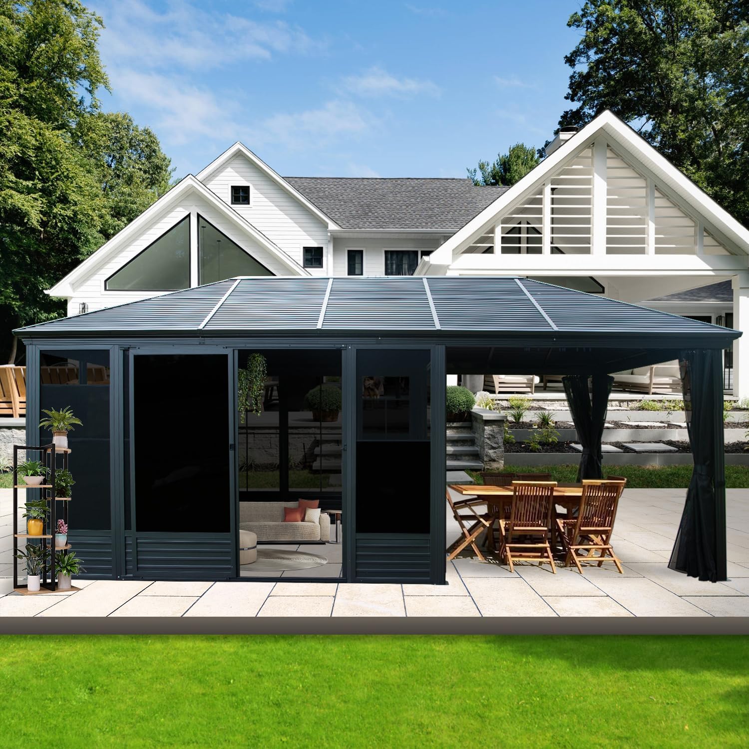 Domi 11x21FT Outdoor Sunroom Gazebo, Aluminum Solarium with Galvanized Steel Sloping Roof, Detachable PE Screens, 2 Lockable Sliding Doors, Hardtop Sun Room with Netting&Curtains for Patio Deck Garden
