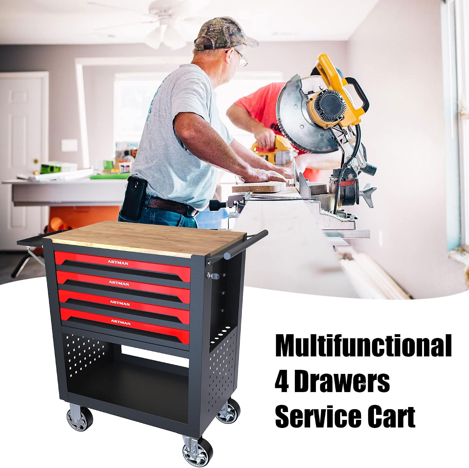 4 Drawers Tool Chest on Wheels,Tool Storage Cart with Wooden Top,Drawers Rolling Tool Box Organizer Tool Case with Lock for Garage,Warehouse,Workshop,Repair Shop (4 Drawers-35.4'H-Black&Red)