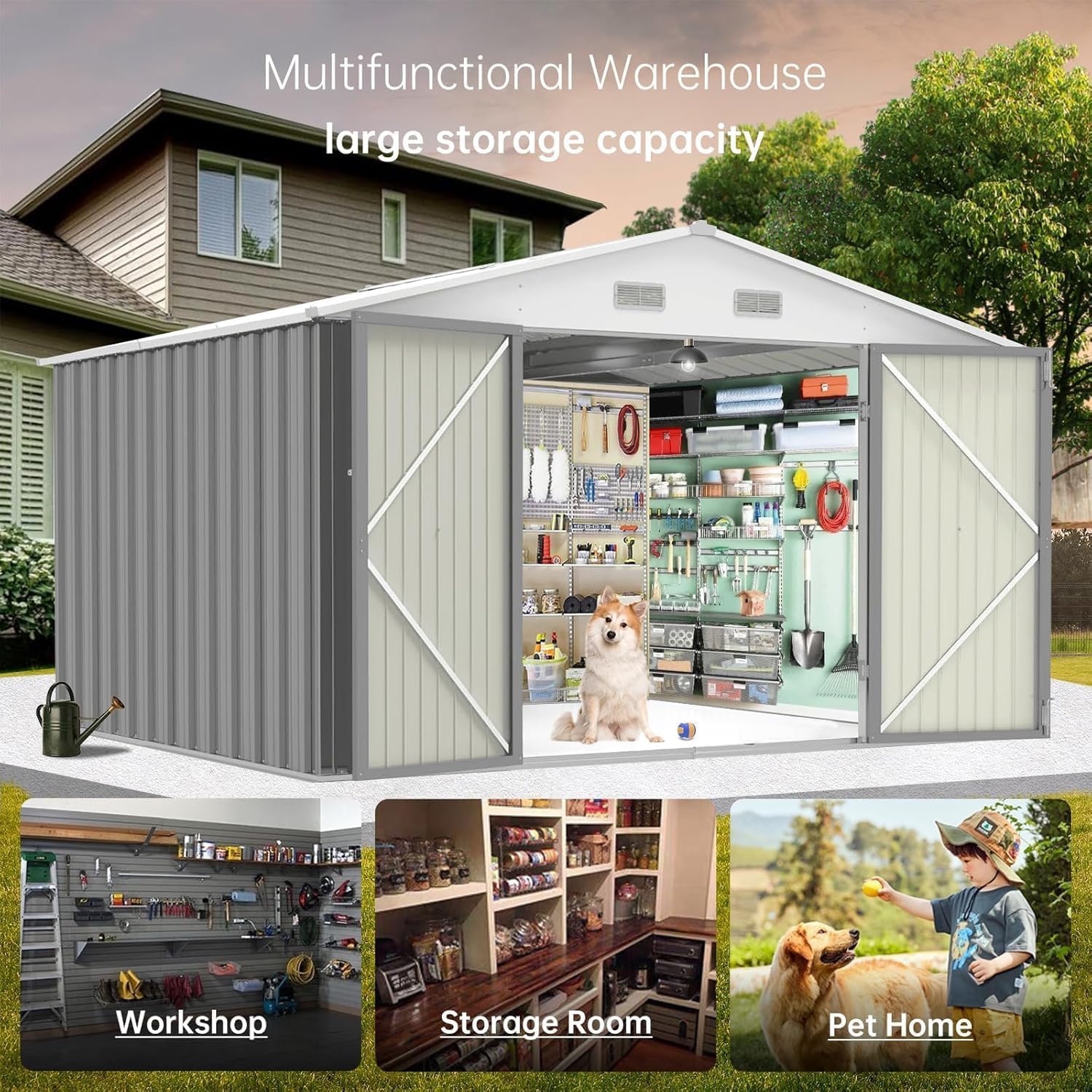 12X10 FT Outdoor Large Metal Shed, Galvanized Steel Utility Storage Shed with Lockable Door & Vents, Waterproof All-Weather Garden Tool Shed for Lawn Mower, Bike