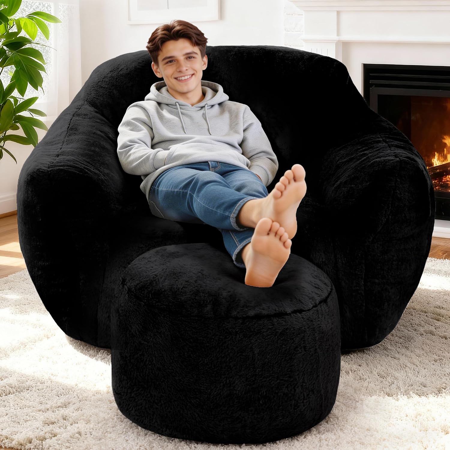 Giant Bean Bag Chair for Adults, Large Memory Foam BeanBag Chairs, Oversized Bean Bag Sofa with Filler, Faux Fur Big Reading Chair Comfy Floor Sofa Chair (Black, Single with Ottoman)