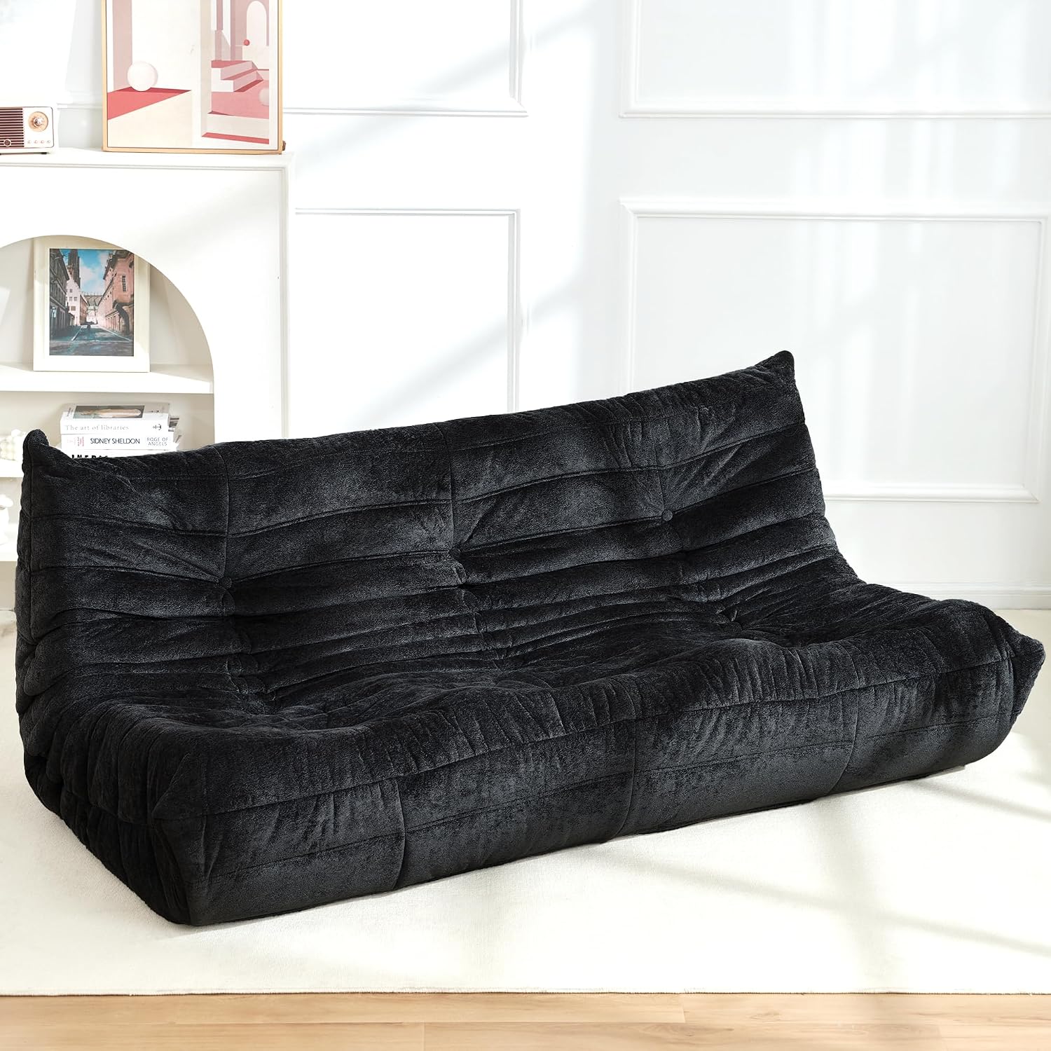 Homguava Bean Bag Chair, Giant Beanbag Chairs for Adults, Memory Foam Fireside Chair, Large Lazy Floor Sofa, Sofa Couch with High-Rebound Foam, Lounge Chair for Living Room, Bedroom (Black, 3-Seater)