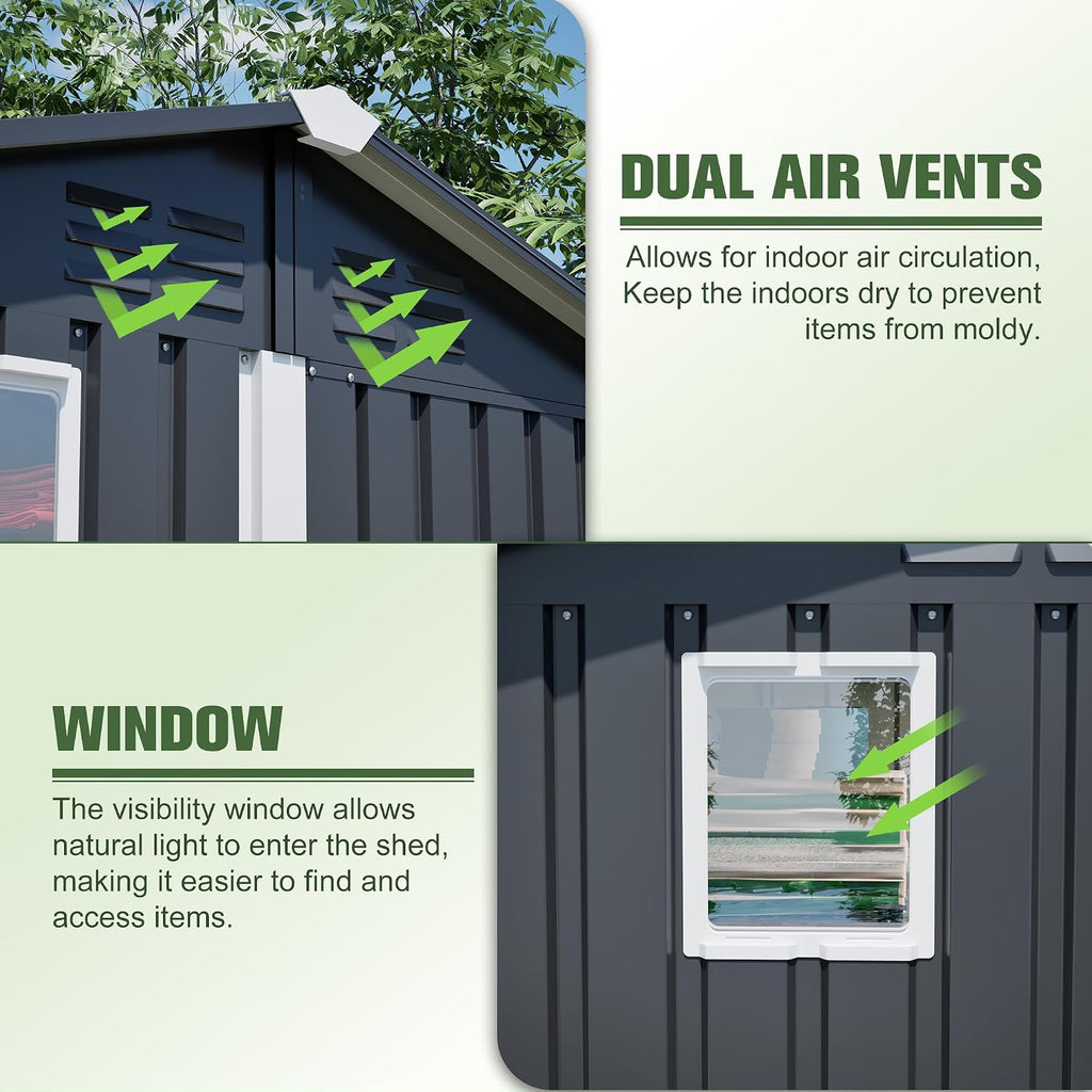 6x4 FT Shed Outdoor Storage Metal Large Garden Tool Sheds with Lockable Doors Gable Roof Window Waterproof Utility Equipment Sheds for Backyard Patio Lawn, Grey (No Floor Frame)
