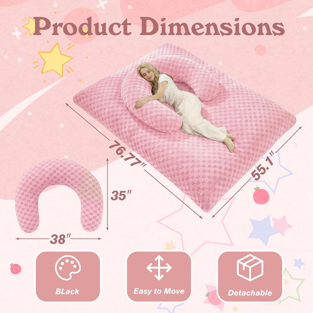 HABUTWAY 3 in 1 Bean Bag Chair with Portable U-Shaped Pillow, Giant Bean Bag with Washable Cover, Convertible Sofa Bed (Pink)