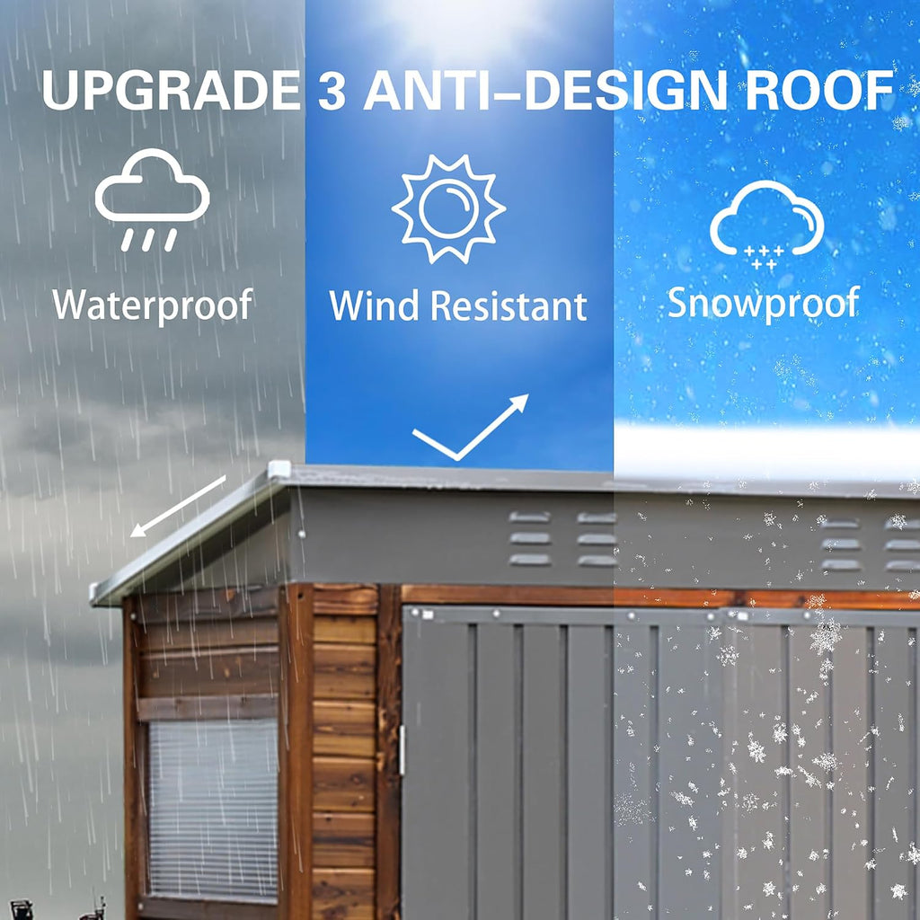 3x5 FT Outdoor Tool Shed, Wood-Iron Combination Storage Shed with Ventilation, Weather-Resistant Roof, Lockable Doors & Wood Grain Finish for Backyard and Garden