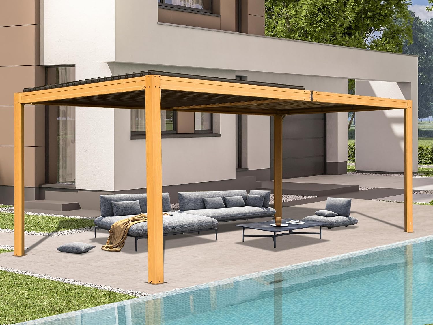 Domi Outdoor Pergola 10' x 16', Aluminum Louvered Pergola with Adjustable Roof, Wood Grain Frame, Efficient Drainage System for Patio, Deck, Garden