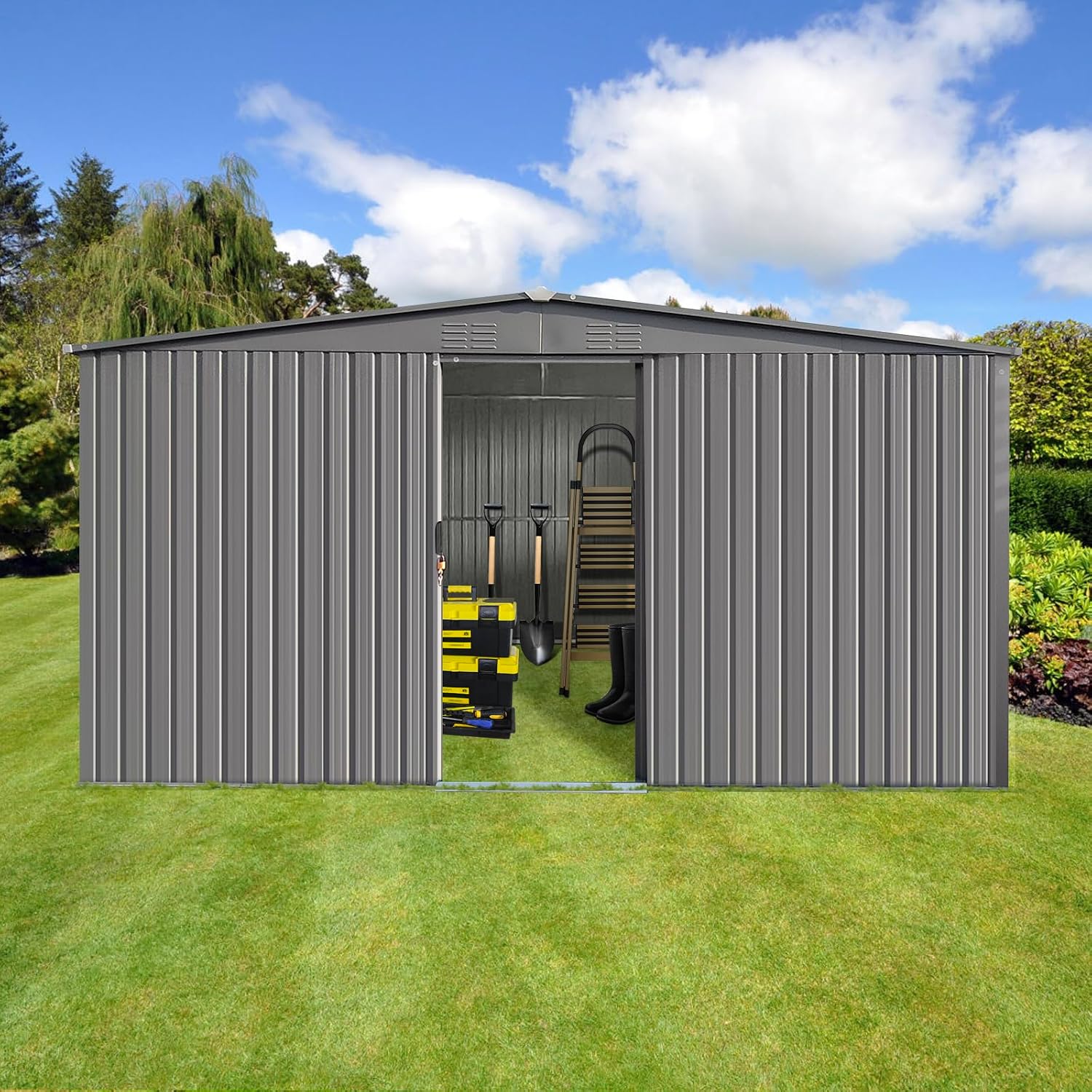 13x11 FT Metal Storage Shed, Outdoor Storage Shed with Window & Apex Roof, Lockable Door for Garden, Backyard, Lawn, and Utility Shelter, Weather-Resistant, Easy to Set Up, Grey