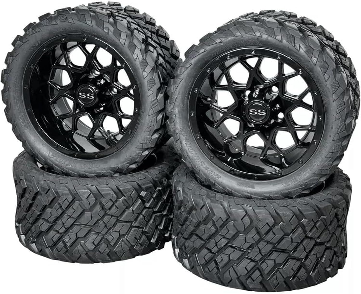 12 Inch Glossy Black Fusion Golf Cart Wheels & Tires Set of 4, 20x10-12 All Terrain Tires/Street Use, DOT Certified Golf Cart Wheels Compatible with EZGO, Club Car, YMH