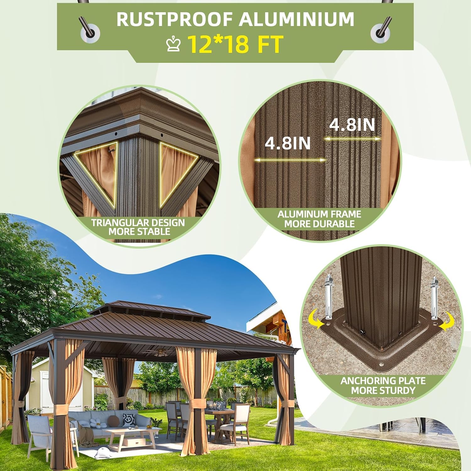 YOLENY 12'x18' Hardtop Gazebo,Galvanized Steel Metal Double Roof Gazebos with Curtain and Netting, Brown Permanent Pavilion Canopy with Aluminum Frame for Patios,Gardens,Lawns