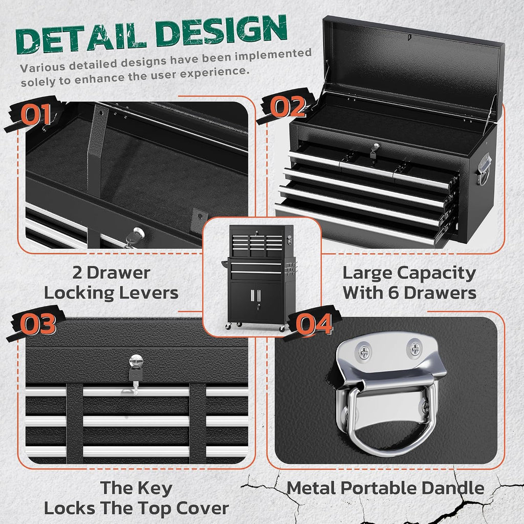 Greenvelly Metal Tool Chest,8-Drawer Rolling Tool Cart with Wheels,2 in 1 Detachable Tool Cabinets,Tool Box,Liners and Locking System for Garage,Warehouse,Workshop, Barbershop(Black)