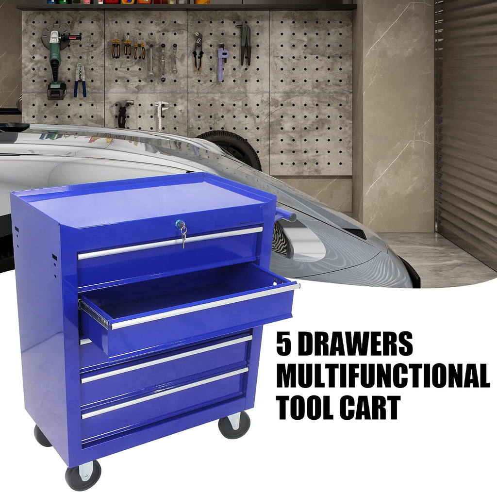 CuisinSmart Tool Cart on Wheels, 5 Lockable Drawers Storage Cabinet Cart Rolling Tool Chest for Warehouse, Garage, Workshop Simple Assembly-Blue