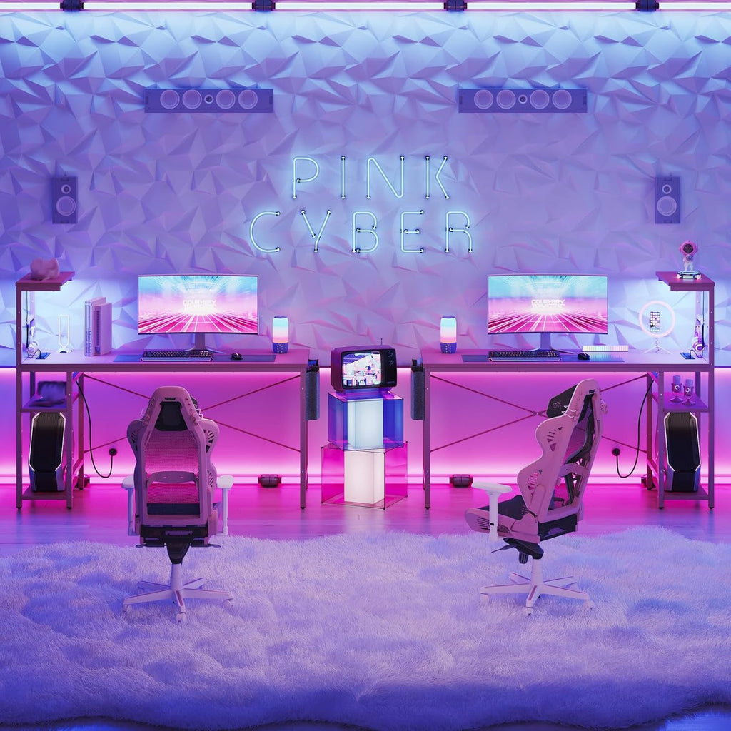 Bestier Gaming Desk with Power Outlets, 61 Inch Large Led Gamer Desk with 4 Tiers Reversible Shelves, PC Gaming Table with Headset Hook & Side Storage Bag for Bedroom (Pink 3D Carbon Fiber)